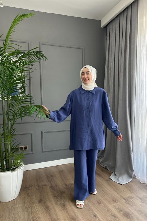 MODAL KUMAŞ DÜĞMELİ TAKIM 3026  İNDİGO