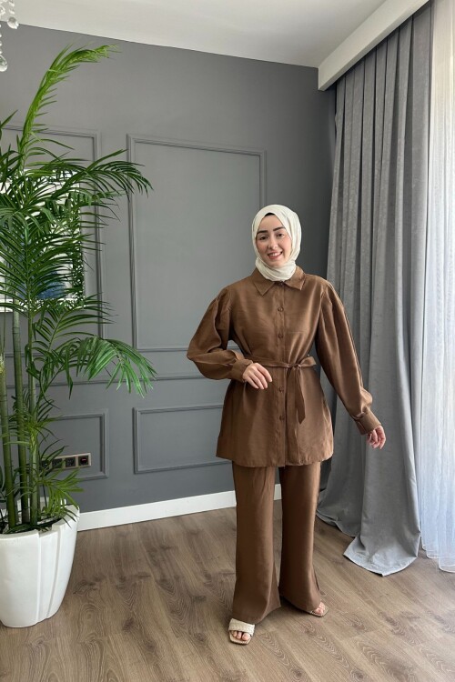 MODAL KUMAŞ DÜĞMELİ TAKIM 3026 KAHVE