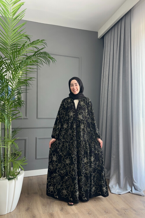 NATUREL MODEL KETEN KUMAŞ ELBİSE SİYAH