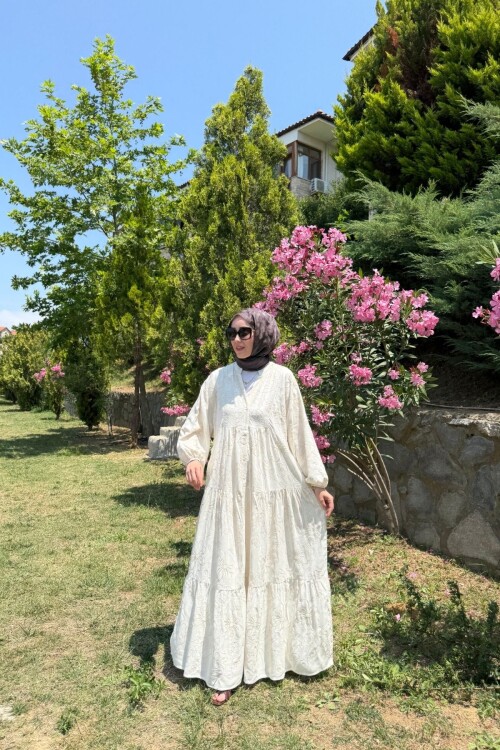 NATUREL MODEL KETEN KUMAŞ ELBİSE BEJ