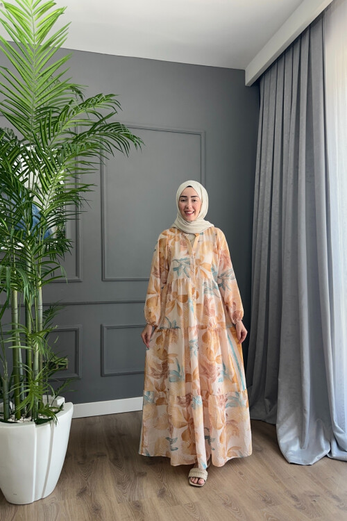 PALMİYA MODEL MANGO KUMAŞ ELBİSE TURUNCU