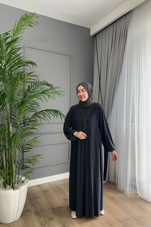 PLİSELİ BALON KOL ELBİSE 1620 ANTRASİT 