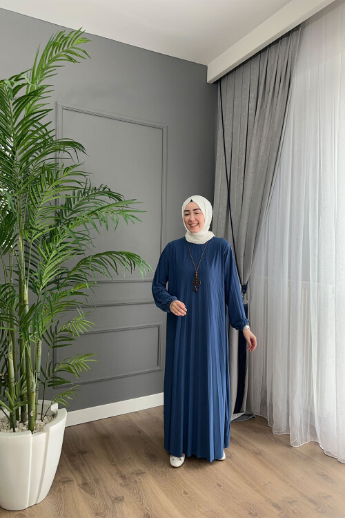 PLİSELİ BALON KOL ELBİSE 1620 İNDİGO