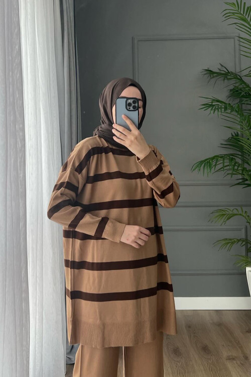 Triko Çizgi Takım Sütlü Kahve 3439