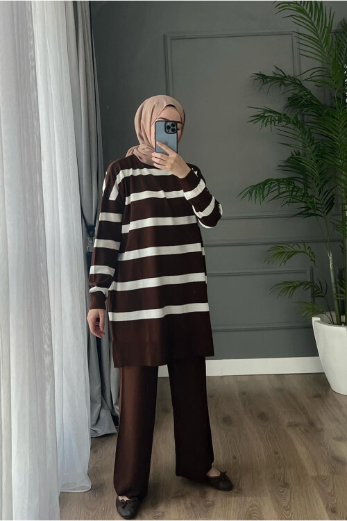 Triko Çizgi Takım Kahve 3439