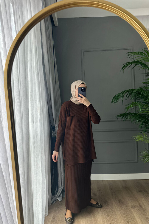 TRİKO ETEK TAKIM KAHVE 3402