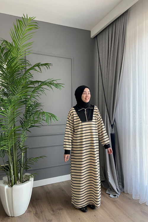 VİSCON ÇİZGİLİ ELBİSE SİYAH 1561