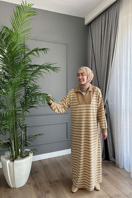 VİSCON ÇİZGİLİ ELBİSE GOLD 1561