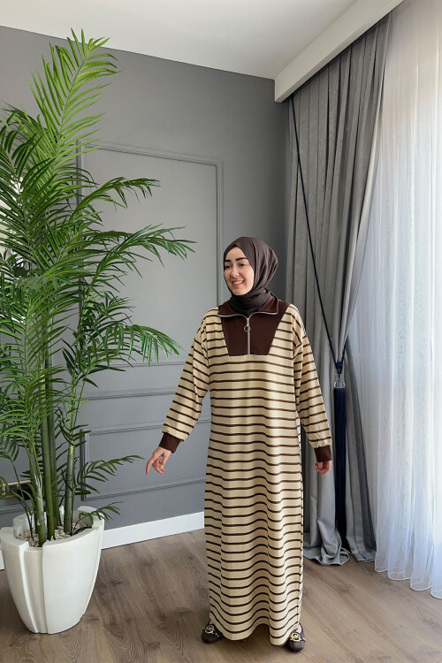 VİSCON ÇİZGİLİ ELBİSE KAHVE 1561