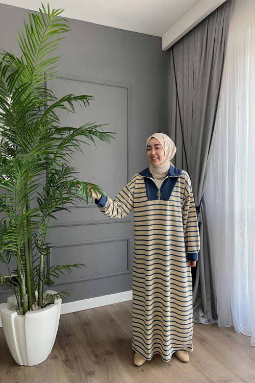 VİSCON ÇİZGİLİ ELBİSE İNDİGO 1561