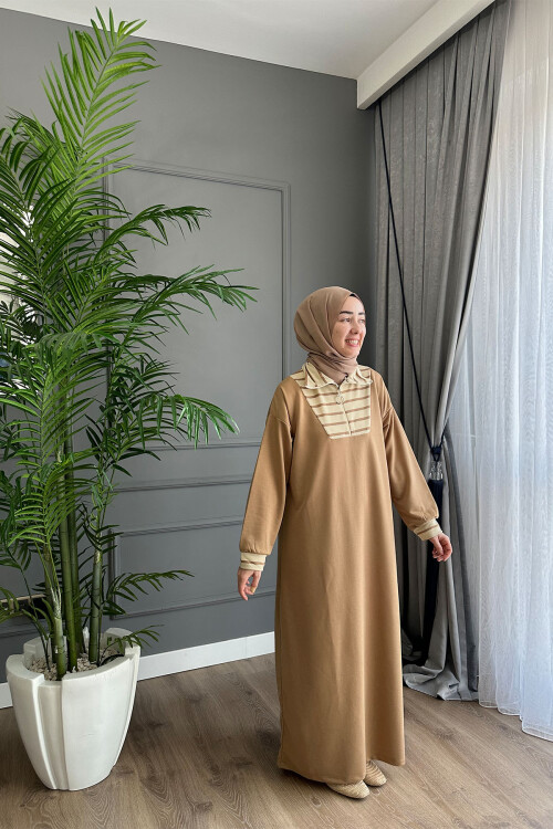 VİSCON YAKASI ÇİZGİ DEYATLI ELBİSE GOLD 1560