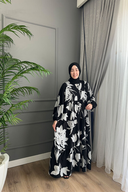 YAPRAK MODEL VİSKON ELBİSE SİYAH