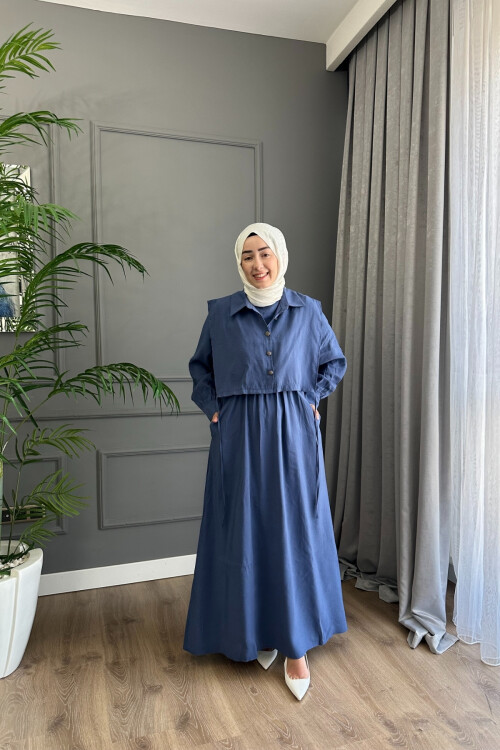 YELEK DETAYLI MODAL ELBİSE 1503 İNDİGO