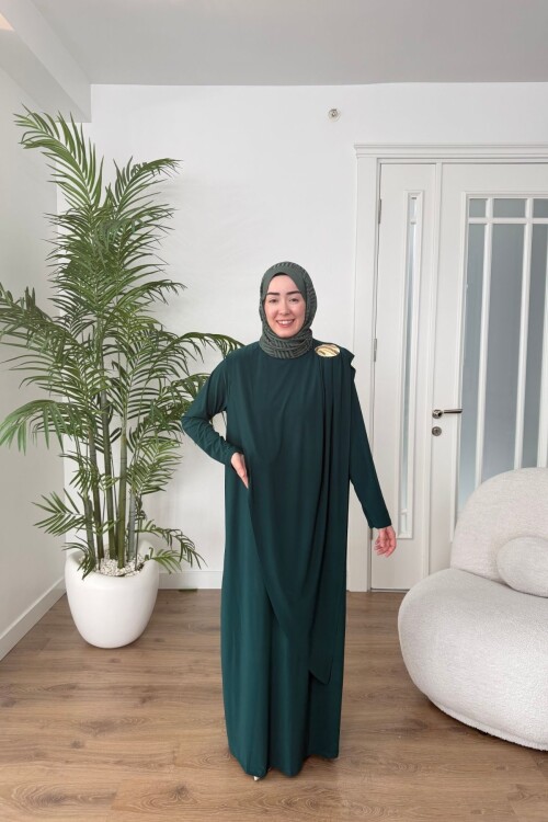 BROŞ DETAYLI SANDY ELBİSE 1513 ZÜMRÜT