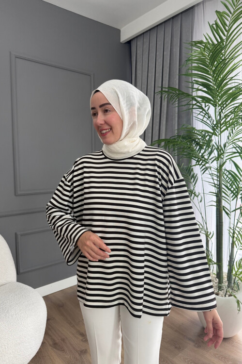 ÇİZGİLİ OYSHO KUMAŞ TUNİK 3002 KAHVE-BEYAZ