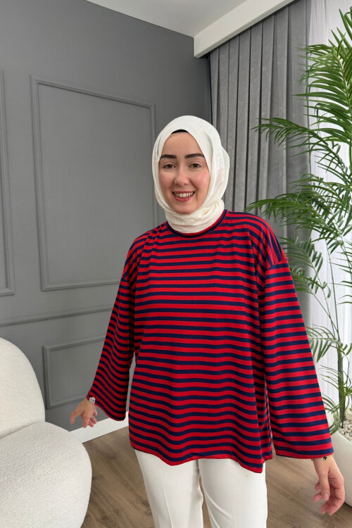 ÇİZGİLİ OYSHO KUMAŞ TUNİK 3002 KIRMIZI-LACİVERT