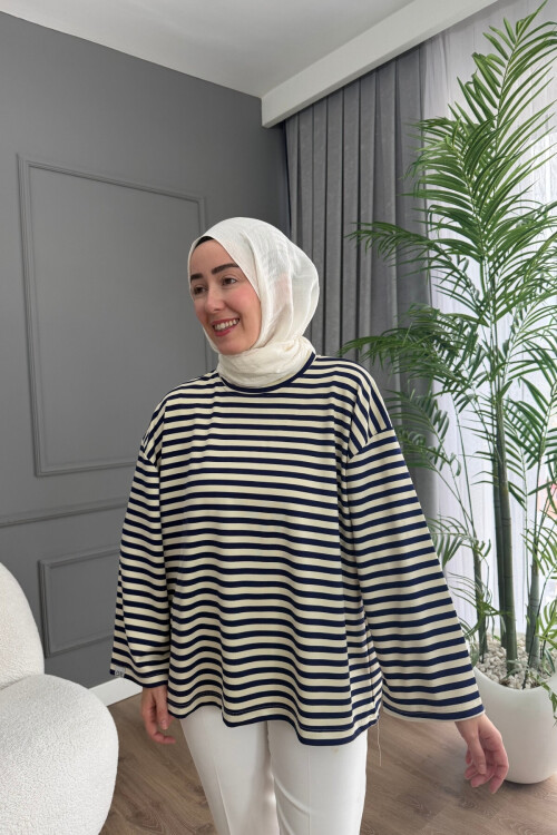 ÇİZGİLİ OYSHO KUMAŞ TUNİK 3002 LACİVERT-BEYAZ