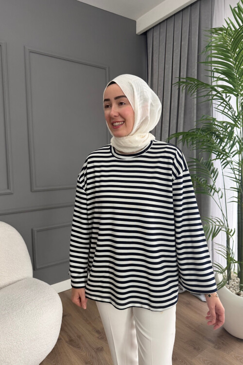 ÇİZGİLİ OYSHO KUMAŞ TUNİK 3002 SİYAH-BEYAZ
