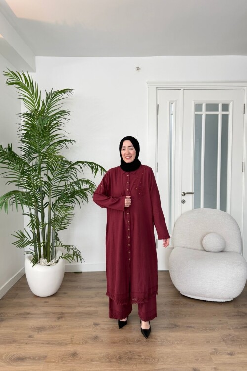 DANTEL DETAYLI PAMUK KETEN PANTALON TAKIM 7102 BORDO