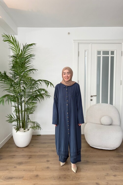 DANTEL DETAYLI PAMUK KETEN PANTALON TAKIM 7102 İNDİGO