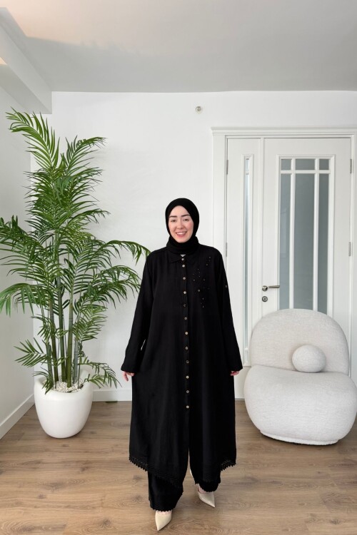 DANTEL DETAYLI PAMUK KETEN PANTALON TAKIM 7102 SİYAH