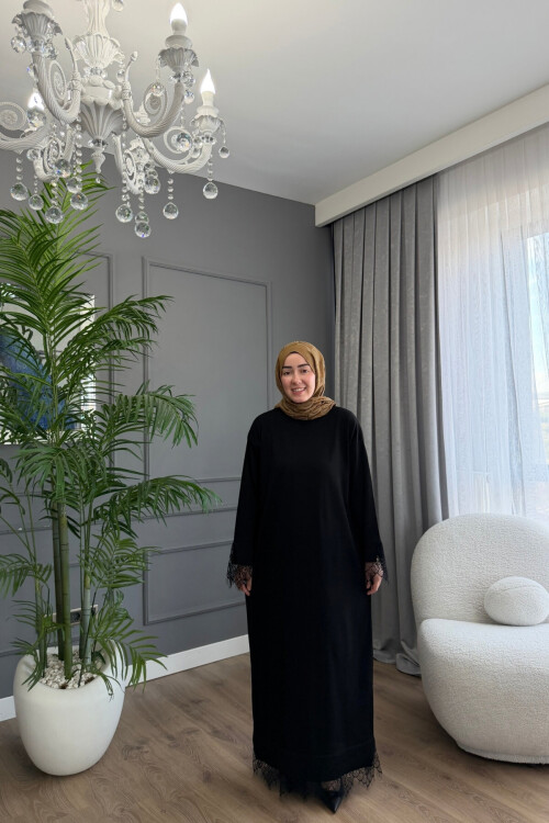 DANTEL DETAYLI PREMİUM TRİKO ELBİSE 6123 SİYAH