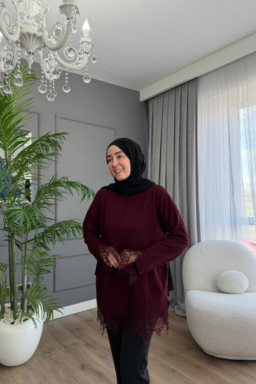 DANTEL DETAYLI TRİKO TUNİK 6122 BORDO