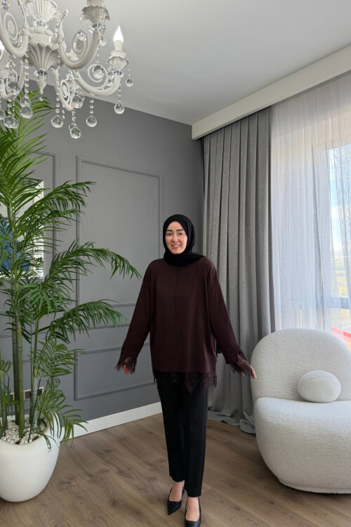 DANTEL DETAYLI TRİKO TUNİK 6122 KAHVE