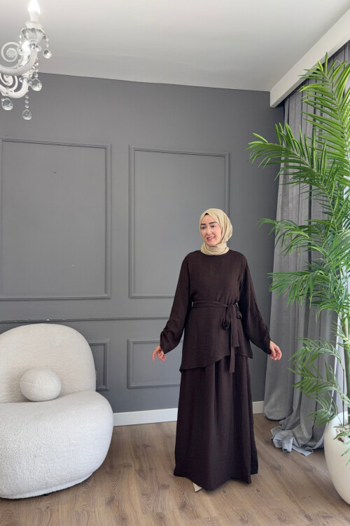FİRUZE ELBİSELİ BLUZLU  LUNA KETEN KUMAŞ TAKIM 1517 KAHVE