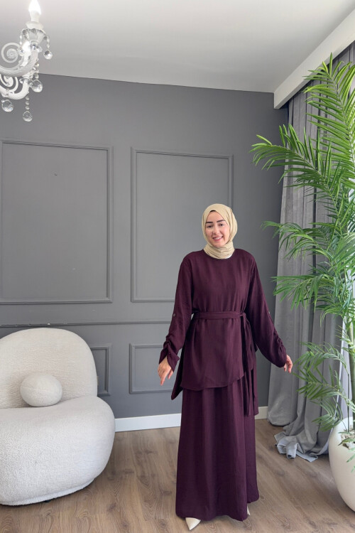 FİRUZE ELBİSELİ BLUZLU  LUNA KETEN KUMAŞ TAKIM 1517 MÜRDÜM