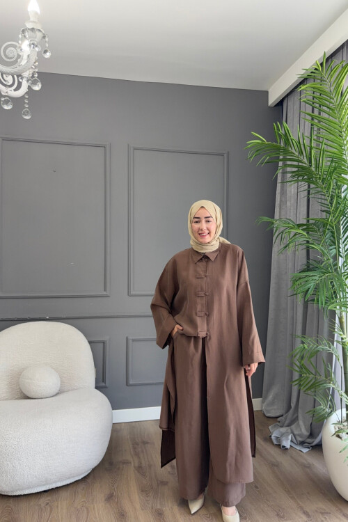 KURBAĞA DÜĞME DETAYLI PREMİUM MODAL TAKIM 6605 KAHVE