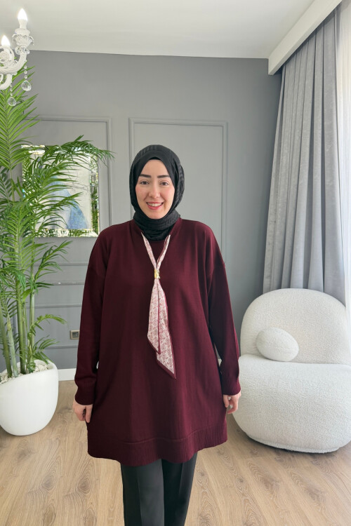 MERSERİZE KUMAŞ FULARLI TUNİK 6104 BORDO