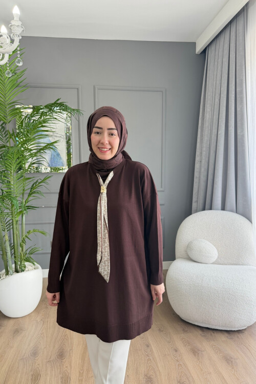 MERSERİZE KUMAŞ FULARLI TUNİK 6104 KAHVE