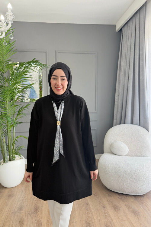 MERSERİZE KUMAŞ FULARLI TUNİK 6104 SİYAH