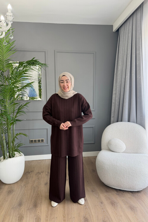 MERSERİZE KUMAŞ SİMLİ PANTALON TAKIM 6110 KAHVE