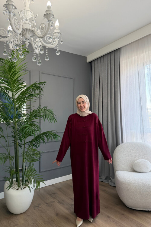 PONÇİK DÜĞME DETAYLI PREMİUM TRİKO ELBİSE 6141 BORDO