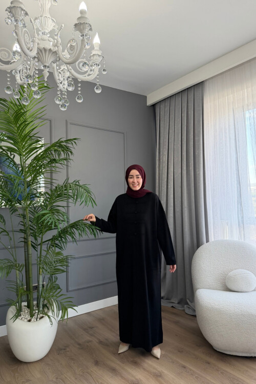 PONÇİK DÜĞME DETAYLI PREMİUM TRİKO ELBİSE 6141 SİYAH