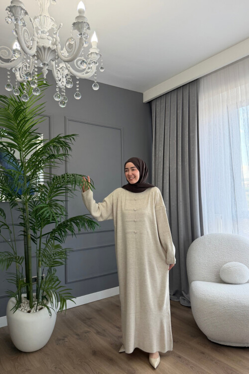 PONÇİK DÜĞME DETAYLI PREMİUM TRİKO ELBİSE 6141 TAŞ