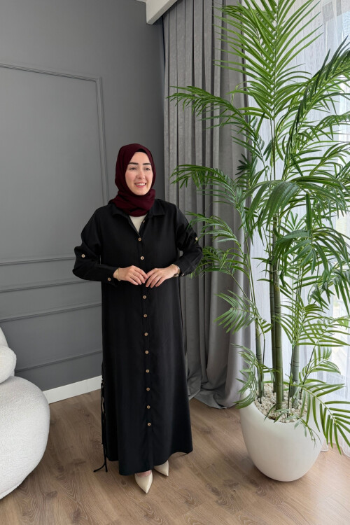 YANLARI BAĞCIKLI MODAL KUMAŞ ELBİSE 1518 SİYAH
