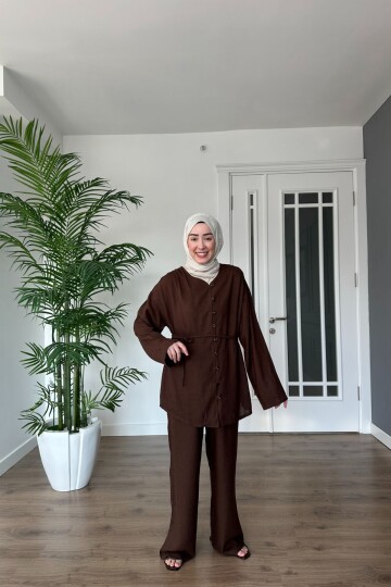 BELDEN BAĞLAMALI KETEN TAKIM 2086 KAHVE