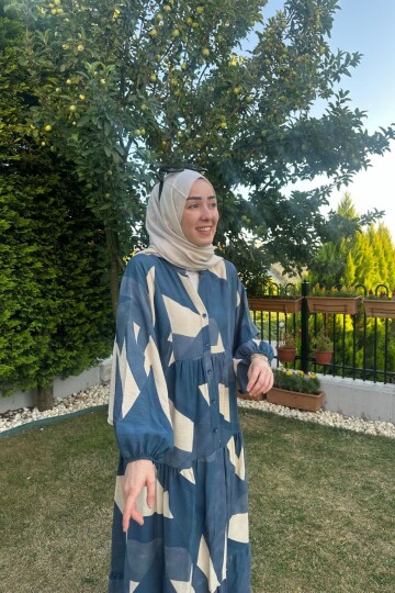 KETEN KARE MODEL ELBİSE MAVİ