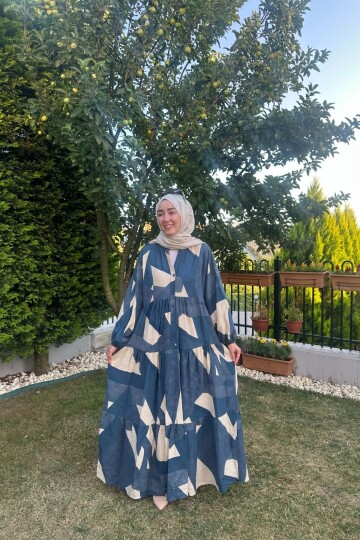 KETEN KARE MODEL ELBİSE MAVİ