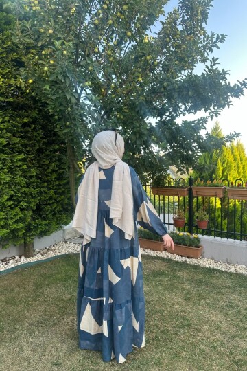 KETEN KARE MODEL ELBİSE MAVİ