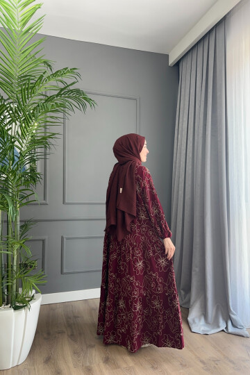NATUREL MODEL KETEN KUMAŞ ELBİSE BORDO