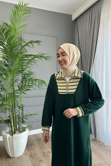 VİSCON YAKASI ÇİZGİ DEYATLI ELBİSE HAKİ 1560