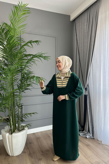 VİSCON YAKASI ÇİZGİ DEYATLI ELBİSE HAKİ 1560