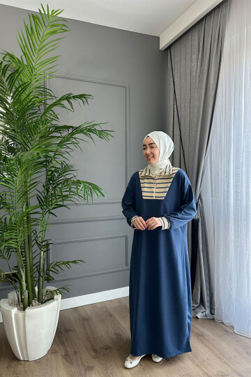VİSCON YAKASI ÇİZGİ DEYATLI ELBİSE İNDİGO 1560