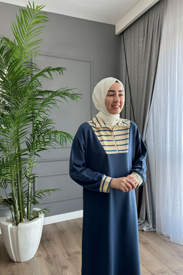 VİSCON YAKASI ÇİZGİ DEYATLI ELBİSE İNDİGO 1560