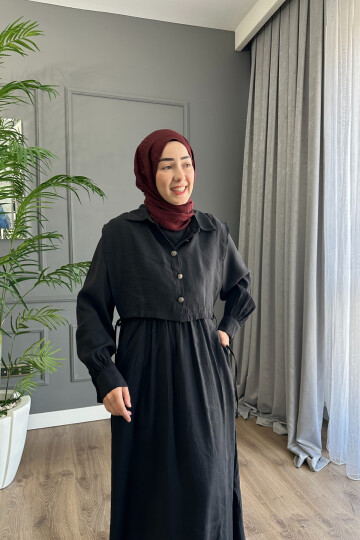 YELEK DETAYLI MODAL ELBİSE 1503 SİYAH