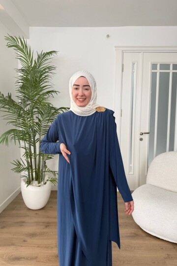 BROŞ DETAYLI SANDY ELBİSE 1513 İNDİGO